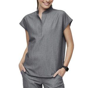 Figs Rafaela Oversized Scrub Top Graphite Gray Womens XS Mandarin Collar